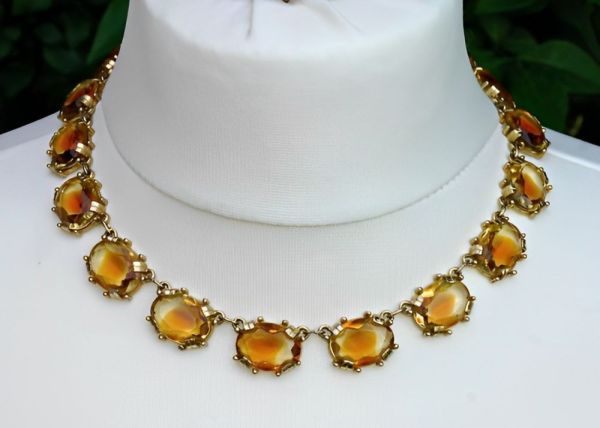 Gold Plated Amber and Clear Glass Riviere Necklace circa 1950s